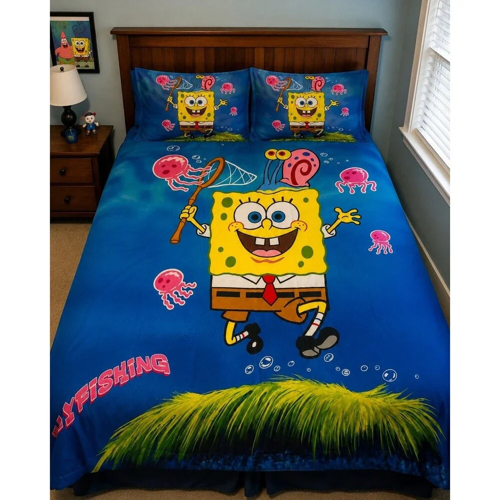 Spongebob Full size Jellyfishing Bed cover and two Standard pillow covers 86x86